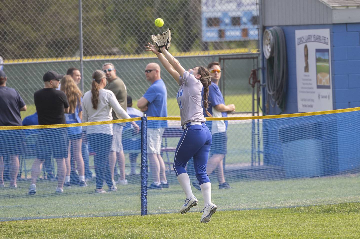 Newman’s Amiya Rodriguez makes a deep left field catch against Putnam County Thursday, May 18, 2023.