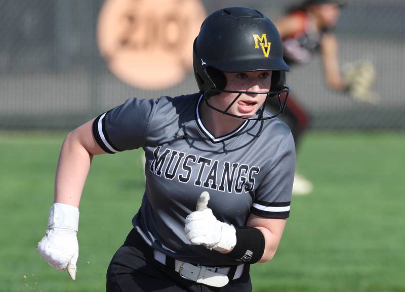 Metea Valley's Aleyna  French heads for third base Wednesday, April 22, 2026, during their game at DeKalb High School.