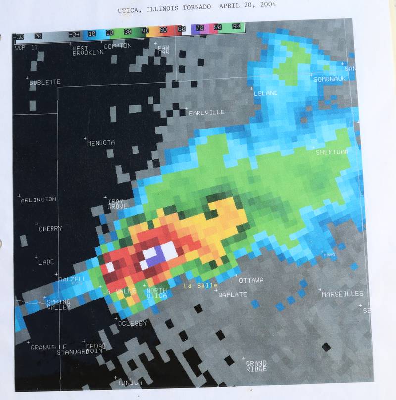 A radar image of the Utica tornado taken at the time the tornado hit Utica on Tuesday, April 20, 2004.