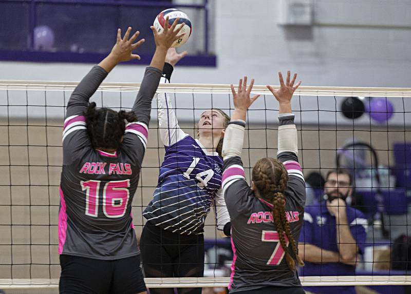 Dixon’s Leah Carlson hammers a shot against Rock Falls Thursday, Oct. 12, 2023 at Dixon High School.