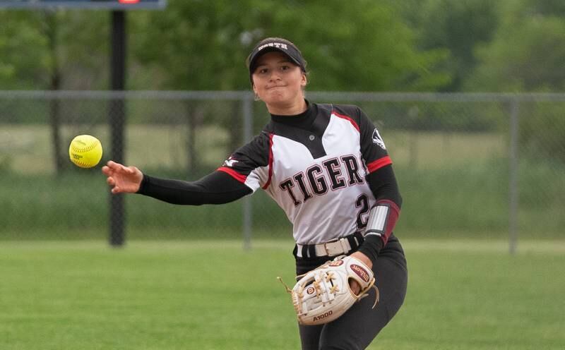 Plainfield North's Victoria Countryman (2) fields a grounder and throws to first for an out against Yorkville during the Class 4A Oswego East Regional softball final at Oswego East High School on Friday, May 27, 2022.
