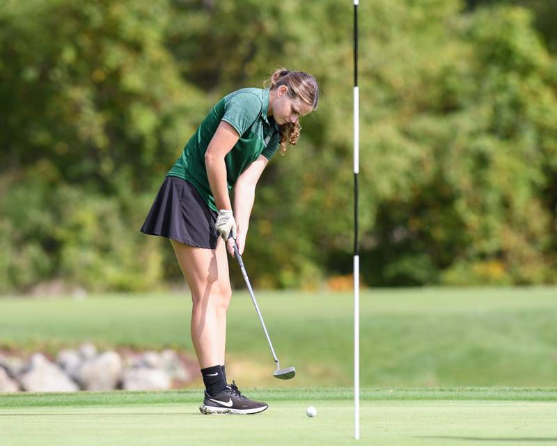 Riley Freischlang of Plainfield Central putts during the Southwest Prairie conference meet on Wednesday Sept. 24, 2025, held at Blackberry Oaks Golf course in Bristal.