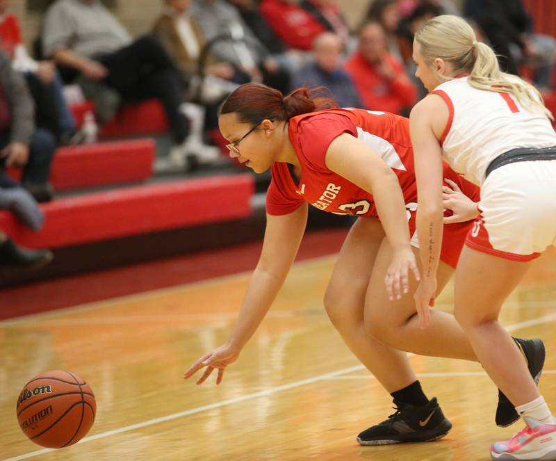 Streator's Jade Williams looses control of the ball as Ottawa's Ryleigh Stehl defends on Wednesday, Feb. 1, 2023 at Ottawa High School.