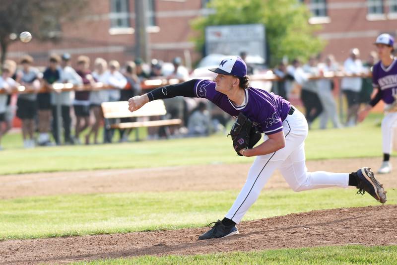 Manteno's Nolan Canfield throws a pitch during the Class 2A Beecher Sectional semifinals against Bishop McNamara Thursday, May 29, 2025.