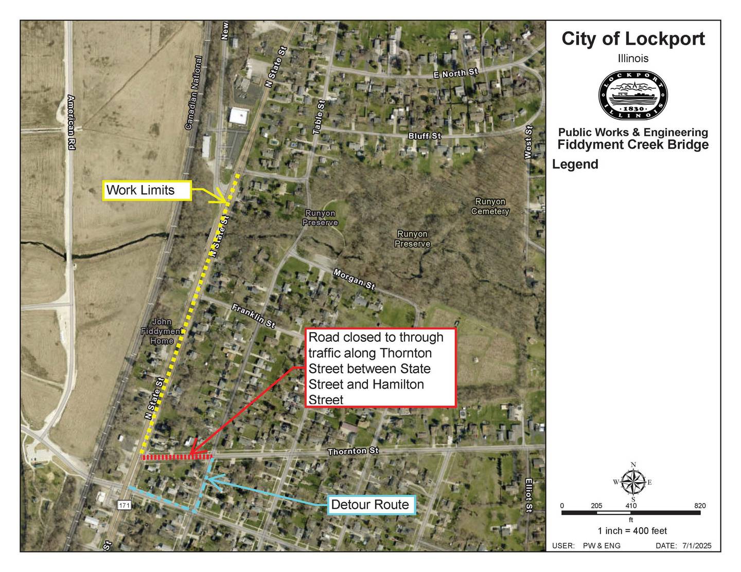 Map of upcoming IDOT construction in Lockport to work on the Fiddyment Creek Bridge shared Wednesday, August 13, 2025.