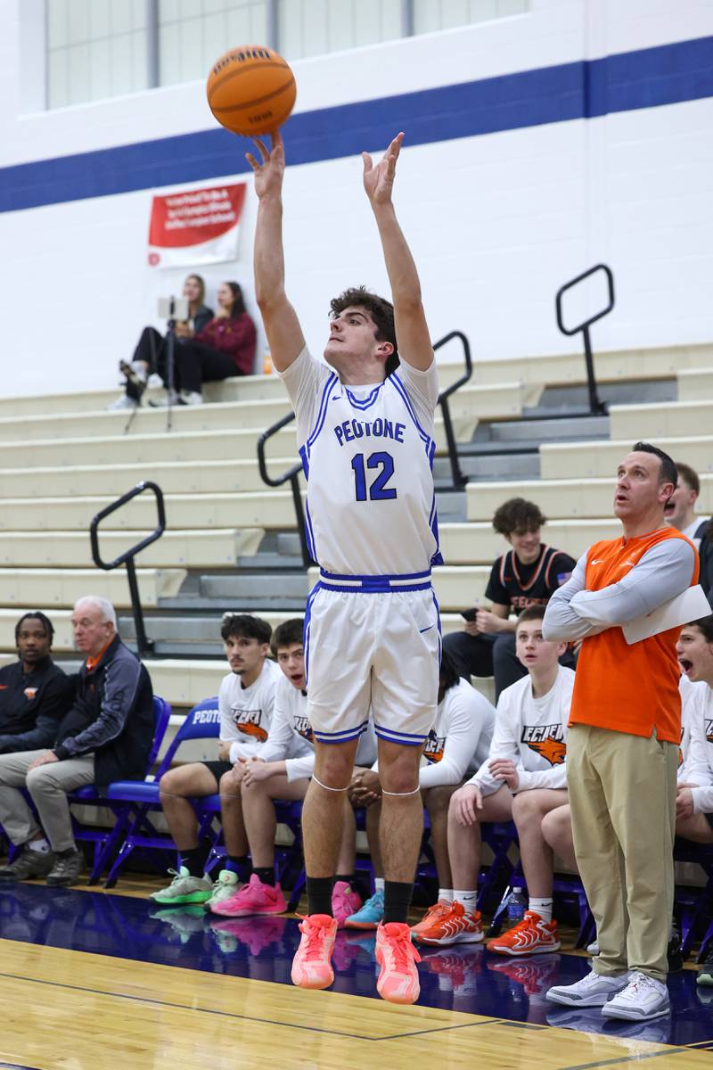 Peotone's Tyler Walker shoots a 3-pointer during the Blue Devils' 64-52 victory over Beecher on Wednesday, Jan. 28, 2026.