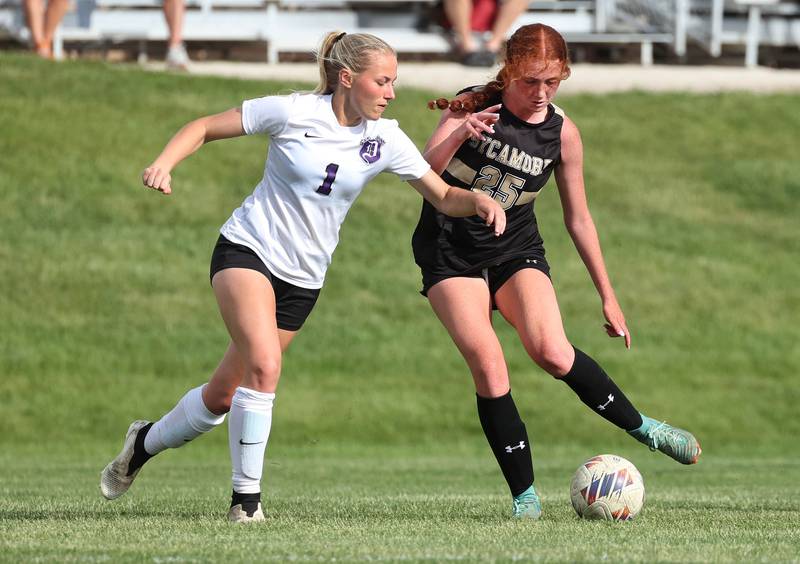 Sycamore's Isabelle Segreti tries to get a shot by Dixon's Micki Worrell during their game Thursday May 15, 2025, at Sycamore High School.