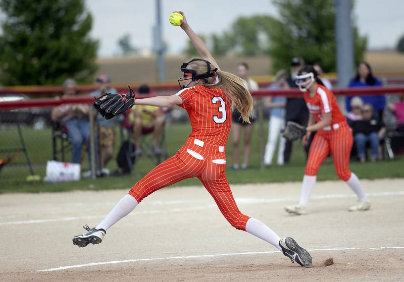 Milledgeville’s Addison Janssen winds up for a pitch against Morrison Tuesday, May 13, 2025.