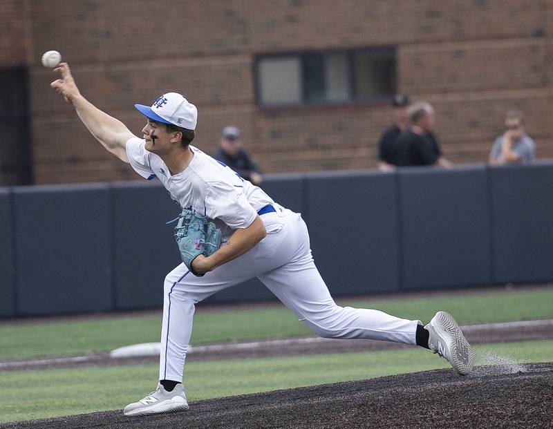 Newman’s Michael Morse fires a pitch in relief against Eureka Saturday, June 7, 2025, during the Class 2A state baseball third place game at Illinois Field in Champaign.