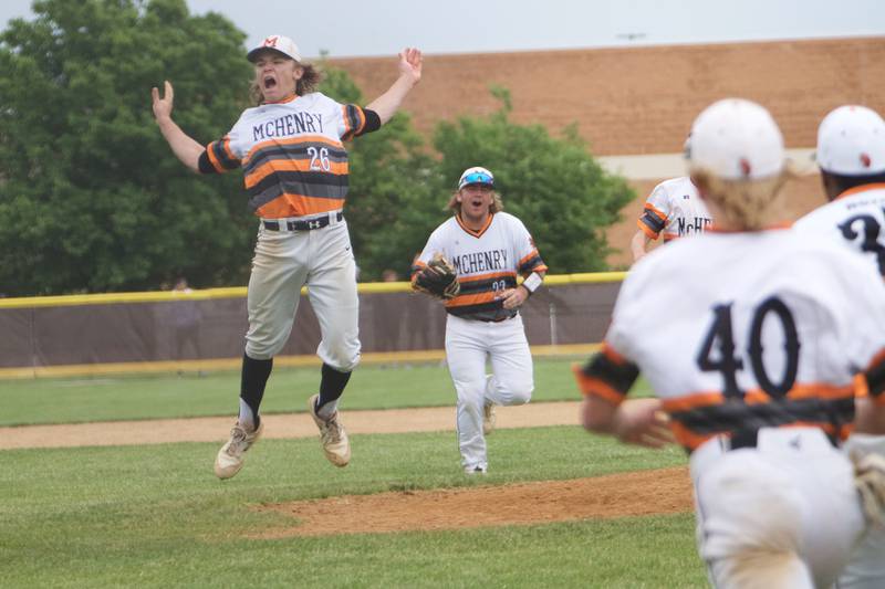 McHenry's Lleyton Grubich (26) jumps for joy after the last out against Huntley for the Win at the Class 4A Sectional Final on June 4, 2022 in Algonquin.
