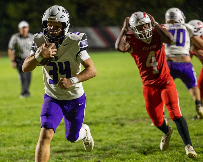 Owen Belzer (34) of Dixon runs ball into end zone for touchdown as Leodies Jordan (4) of Streator puts hands on helmet in frustration on Friday, October 17, 2025 at Streator High School in Streator.