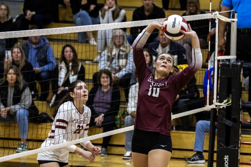 Lockport's Natalie Bochantin sets-up a teammate during the 4A L-W Central Regional varsity volleyball game against Plainfield North at Lincoln-Way Central on Oct. 30, 2025.