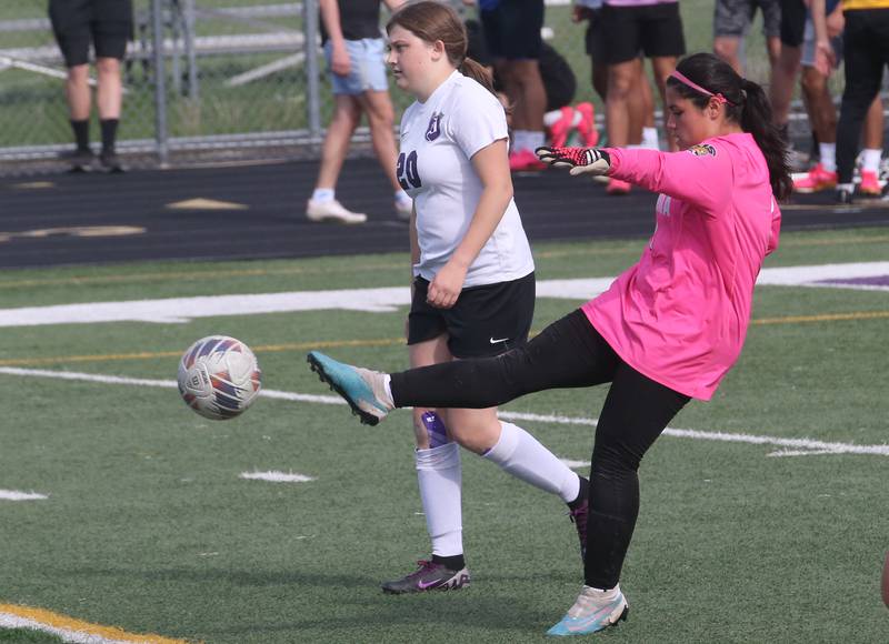 Mendota keeper Airam Cuevas boots the ball out of the box against Dixon on Wednesday, May 1, 2024 at Mendota High School.