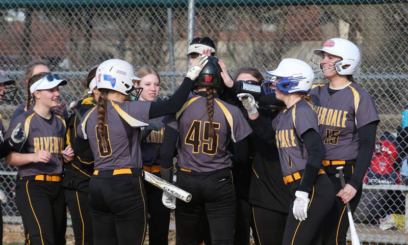 Riverdale's Alivia Bark hits a home run against St. Bede on Monday, March 20, 2023 at St. Bede Academy.