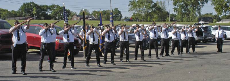 American Legion members fire a gun salute in Rock Falls on Monday, May 26, at Lower Dam Park in Rock Falls.