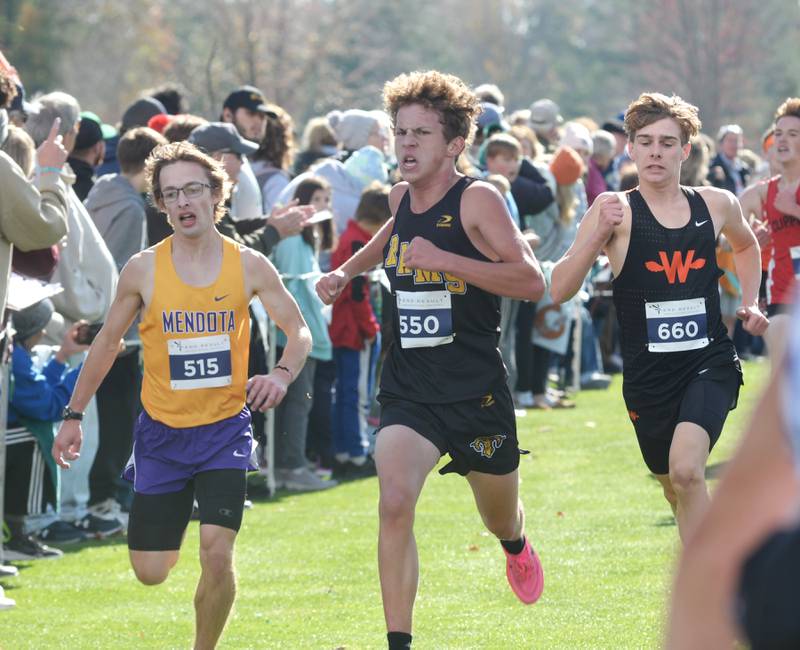 Mendota’s Anthony Kelson, Riverdale’s Connor Musser, and Winnebago’s Hudson Pope race to the finish line at the 1A Rock Island Cross Country Sectional on Saturday, Nov. 2, 2024 at Saukie Golf Course in Rock Island.