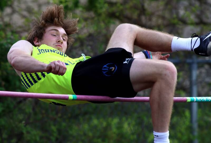 Johnsburg’s Blake Hiller competes in the high jump during Kishwaukee River Conference track meet action at Marengo Tuesday night.