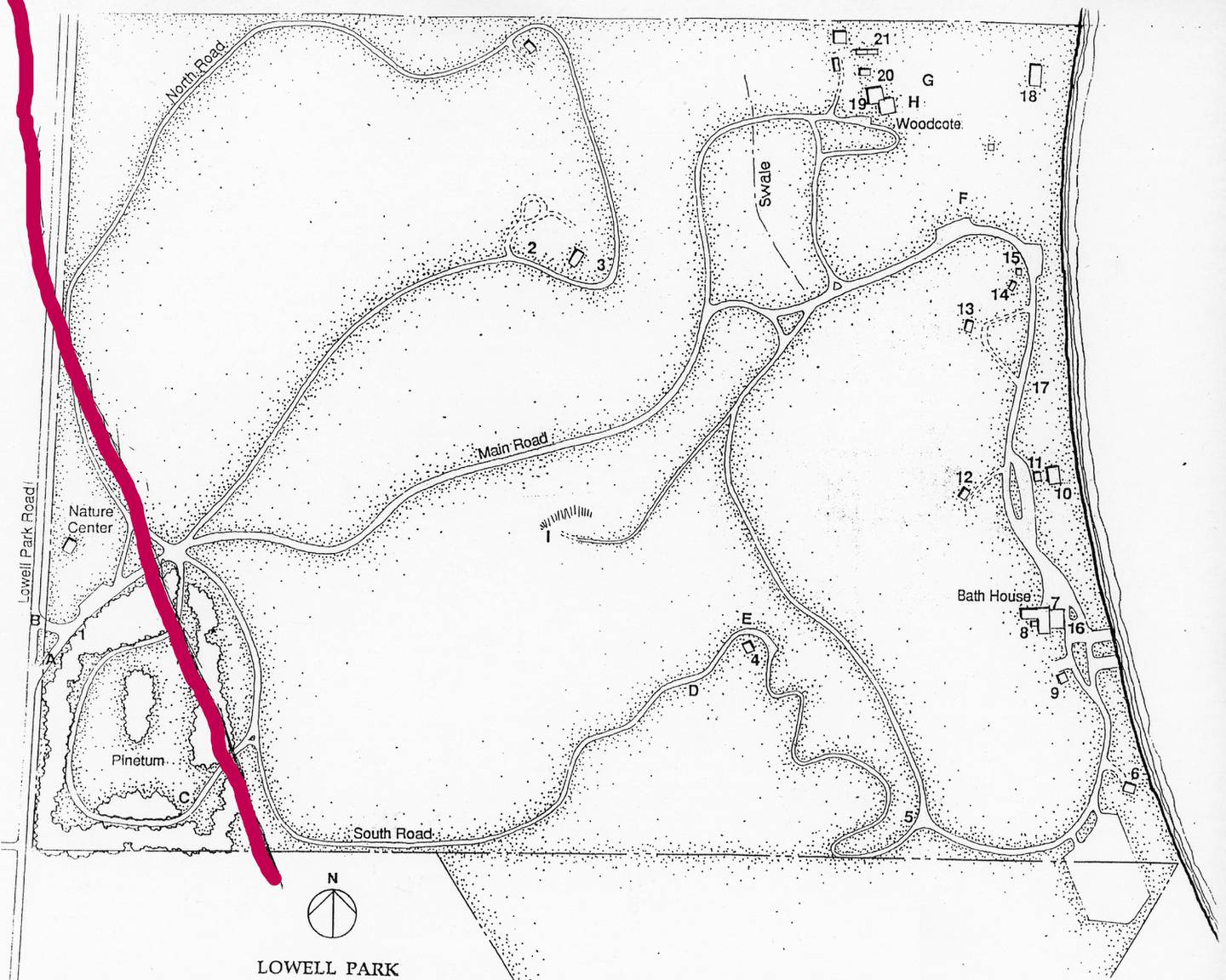 The thick line on this map shows the likely path of Kellogg’s Trail through Lowell Park.