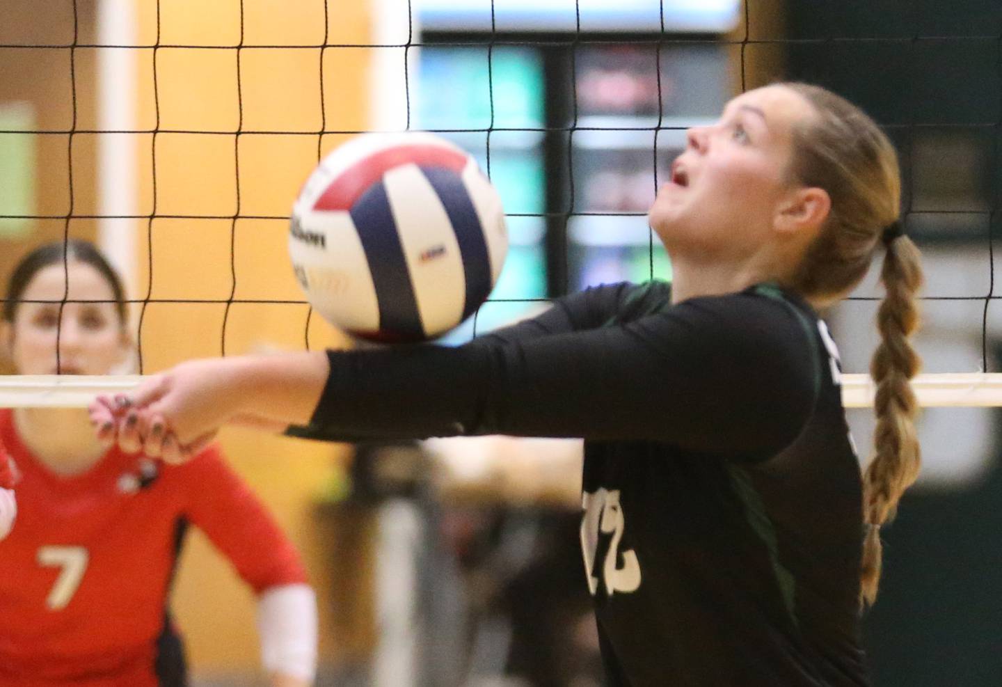 St. Bede's Sadie Koehler sends the ball toward the net against Henry-Senachwine during the Class 1A Regional final game on Thursday, Oct. 31, 2024 at St. Bede Academy.