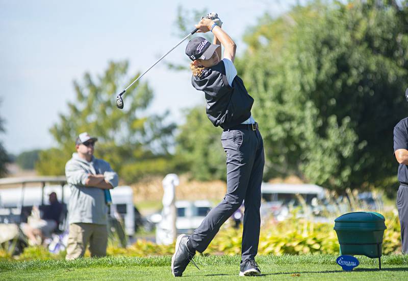 Rock Falls’ Carter Dillon tees off on no. 4 at Emerald Hill in Sterling for the Class AA IHSA sectional golf meet.