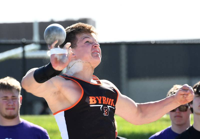 Byron's Brooks Auker throws the shot at the Big Northern Conference Meet at Stillman Valley on Thursday, May 14, 2026.
