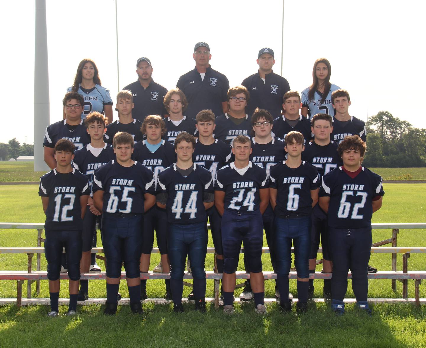 Team members for the Storm F/S football team are: (front row, from left to right) Kai Walowski, Jacob Bolin, Jordan Newman, Tyce Barkman, Ryan Wasilewski and Christopher Novak; (second row) Brady Hartz, Brock Rediger, Aidan Besler, Bryson Foster and Bracin Patnoe; (third row) Ayden Andrade, Brady Carrington, Drake Hardy, Gus Anderson, Bradley Schoff and James Etheridge; and (back row: manager Taylor Rowland, Coach Warkins, Coach Wasilewski, Coach Mormon and manager Makenna Maupin. Not Pictured: Zach Wiggim, Serenity Stone, Braydin Zimmer and managers Ryley Egan and Toby Behrends.