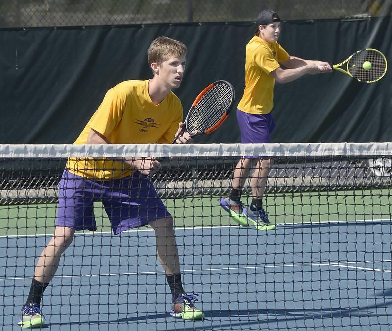 Mendota’s Logan Brandner and Andrew Stamberger compete in a doubles match against Metamora during the Class 1A Ottawa Boys Tennis Sectional on Monday, May 23, 2022, at Ottawa.
