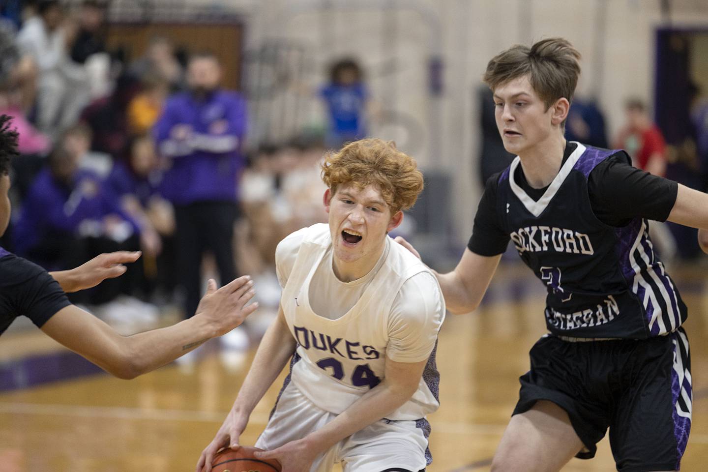 Dixon’s Austin Hicks drives the lane against Rockford Lutheran Friday, Jan. 20, 2023.