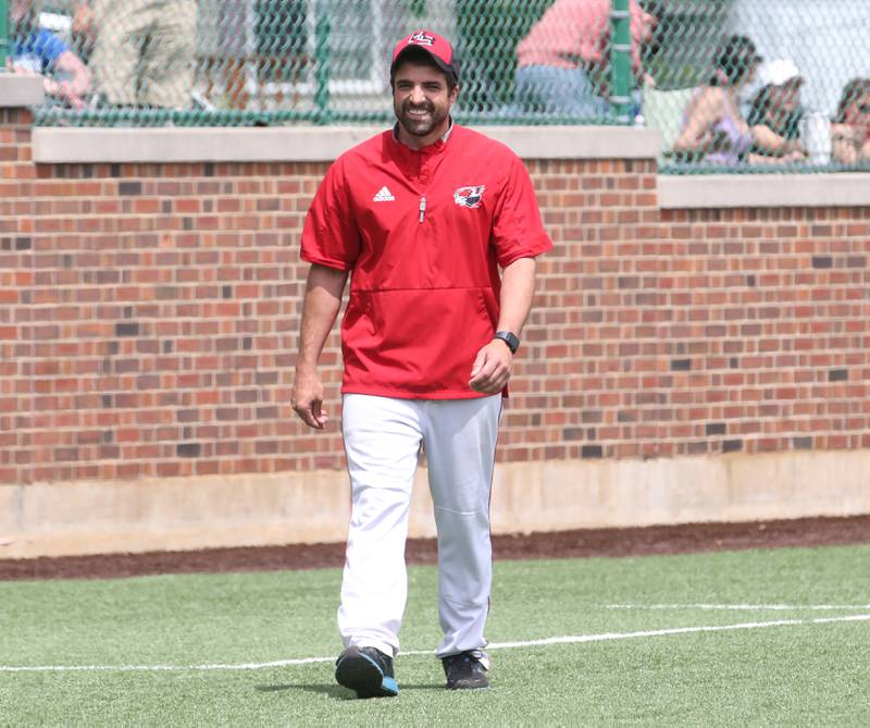 Henry-Senachwine's Preston Rowe head coach Max Kirbach smiles while coaching his team during the Class 1A Supersectional game on Monday, May 29, 2023 at Illinois Wesleyan University in Bloomington.