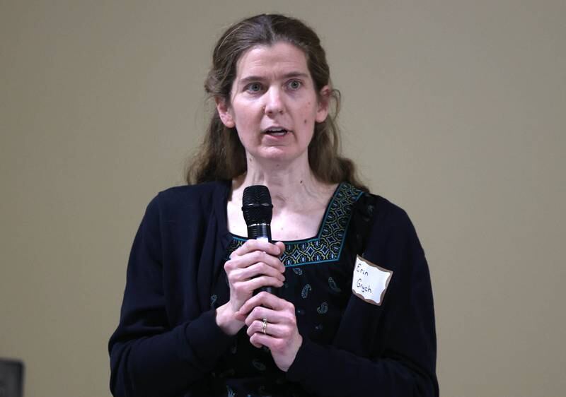 District 428 School Board candidate Erin Grych introduces herself Thursday, March 20, 2025, during the DeKalb Area Rental Association and DeKalb Area Builders Association School Board Candidates Forum at Faranda's Banquets in DeKalb.