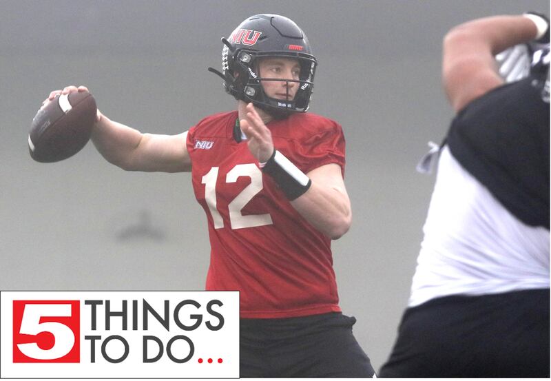 Northern Illinois University quarterback Rocky Lombardi throws a pass during spring practice Wednesday, March 23, 2022, in Huskie Stadium at NIU in DeKalb.