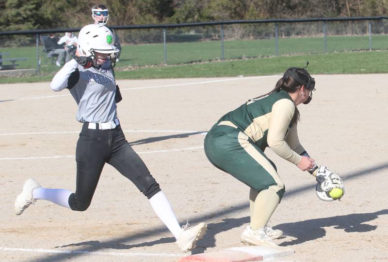 Woodland/Flanagan-Cornell's Olivia Chismarick is forced out at first base as St. Bede's Ava Balestri squeezes the ball with her glove on Tuesday, April 8, 2025 at Woodland High School.