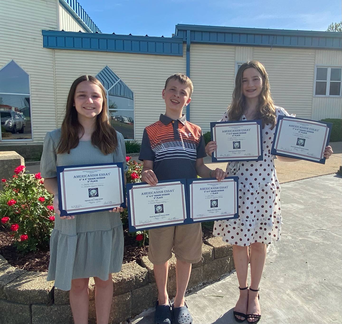 Pictured are (left to right) Princeton Christian Academy students and Oglesby Elks Lodge Americanism Essay Contest winners Kaylyn Friel, Joel Odell and Lydia Hardy.