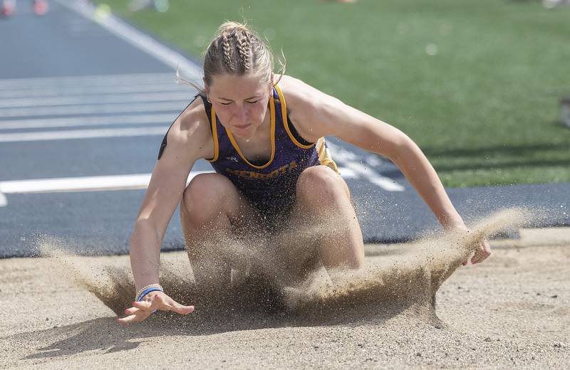 Mendota’s Aby Buettner lands her long jump Wednesday, May 14, 2025, during Sectionals at Sterling High School.