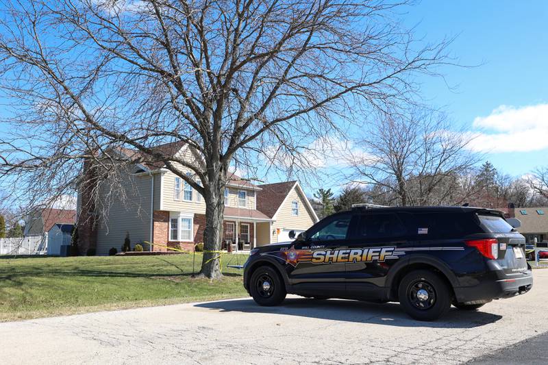 Police tape surrounds a home in the 3400 block of Norway Trail in Crete Township as the Will County Sheriff's Department investigates a triple homicide on Monday, March 23, 2026.