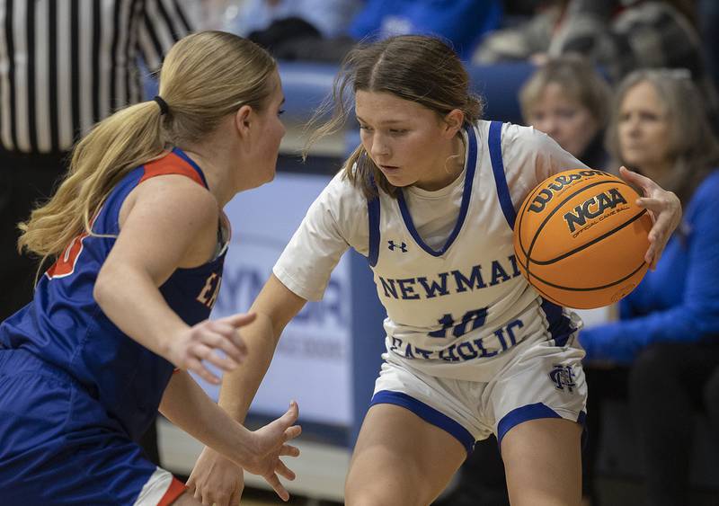 Newman’s Elaina Allen handles the ball against Eastland’s Morgan McCullough Tuesday, Jan. 7, 2025, at Newman High School.
