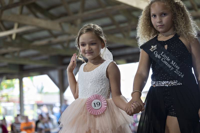 Saylor Hanna, 7, competes in the Little Miss Ogle County pageant, Thursday, July 30, 2025, at the Ogle County Fairgrounds.