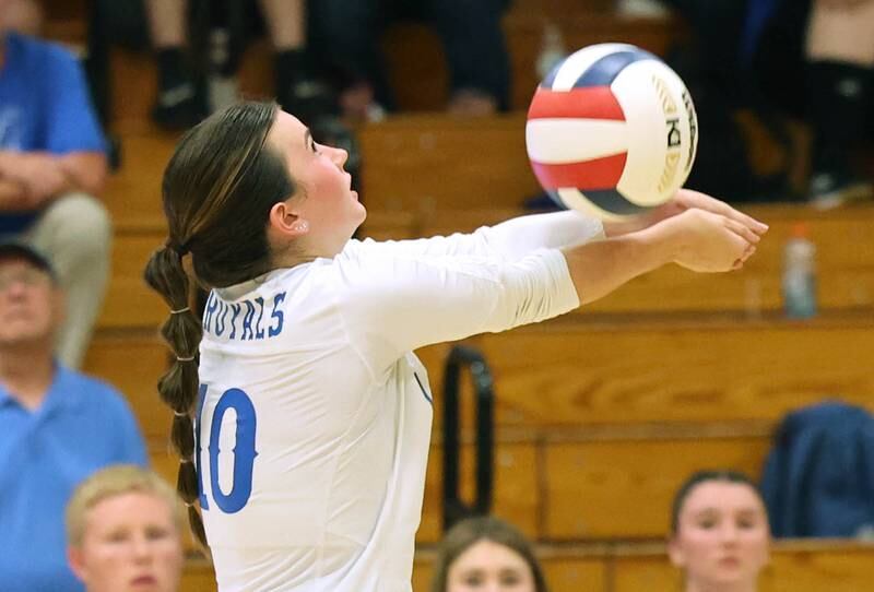Hinckley-Big Rock’s Madaline Hogan bumps the ball during their match against Aurora Christian Tuesday night at the school in Hinckley.