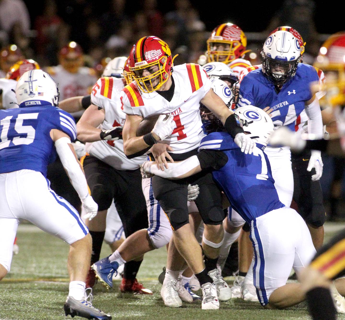 Batavia’s Charlie Whelpley carries the ball during a game at Geneva on Friday, Sept. 29, 2023.