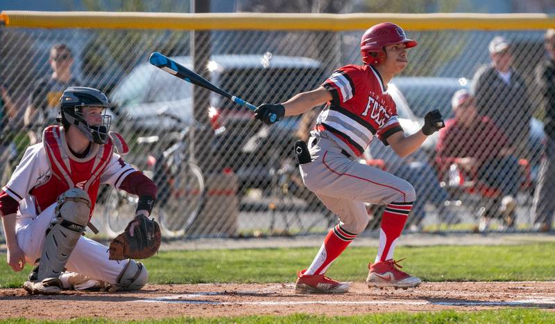 Yorkville's Isaiah Rodriguez (1) singles against Plainfield North during a baseball game at Plainfield North High School on Thursday, April 21, 2022.