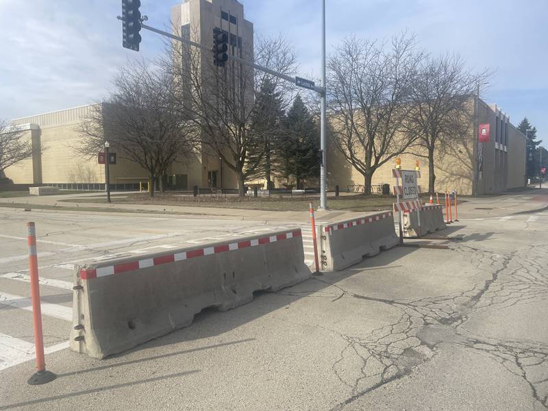 The intersection where Lucinda Avenue meets Normal Road on the campus of Northern Illinois University is seen Tuesday, March 25, 2025, in DeKalb.