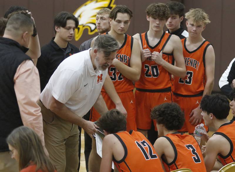 McHenry Head Coach Corky Card talks to his team during time out during a Fox Valley Conference boys basketball game against Jacobs on Wednesday, Nov. 29, 2023, at Jacobs High School in Algonquin.