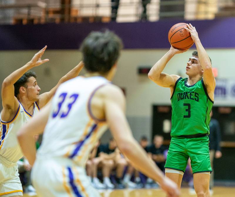 York's A.J. Levine (3) shoots a three-pointer against Downers Grove North during a basketball game at Downers Grove North High School on Friday, Dec 9, 2022.