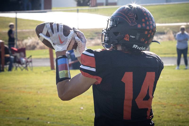 Millledgeville's Kacen Johnson completes a catch Saturday, October 29th in the Missiles first round playoff game against the West Prairie Cyclones.