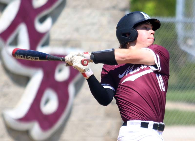 Marengo’s Caden Oine makes contact against Rockford Christian in IHSA Class 2A Regional Title Game action baseball at Richmond-Burton High School in Richmond  on Saturday, May 24, 2025.