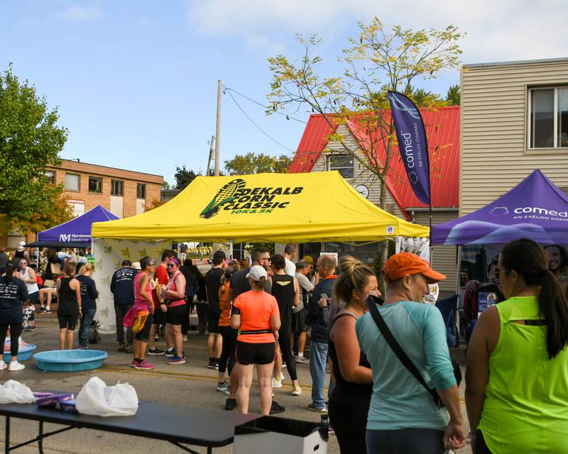 Runners check on their race times to see if they had placed in their age groups on Sunday, Sept. 29, 2024, during the DeKalb Corn Classic 5K/10K held downtown.