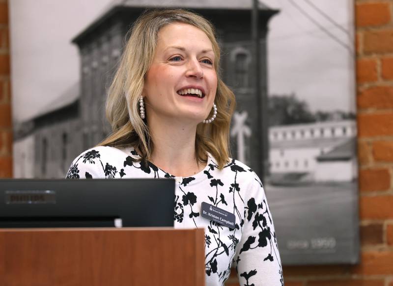Kristen Campbell, Sycamore Community School District 427 superintendent, answers a question Wednesday, May 6, 2026, during the State of the Community Address hosted by the Sycamore Chamber of Commerce in the DeKalb County Community Foundation Freight Room.