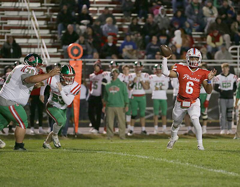 Ottawa quarterback Colby Mortenson (6) fires a pass against L-P on Friday, Oct. 7, 2022 at King Field in Ottawa.