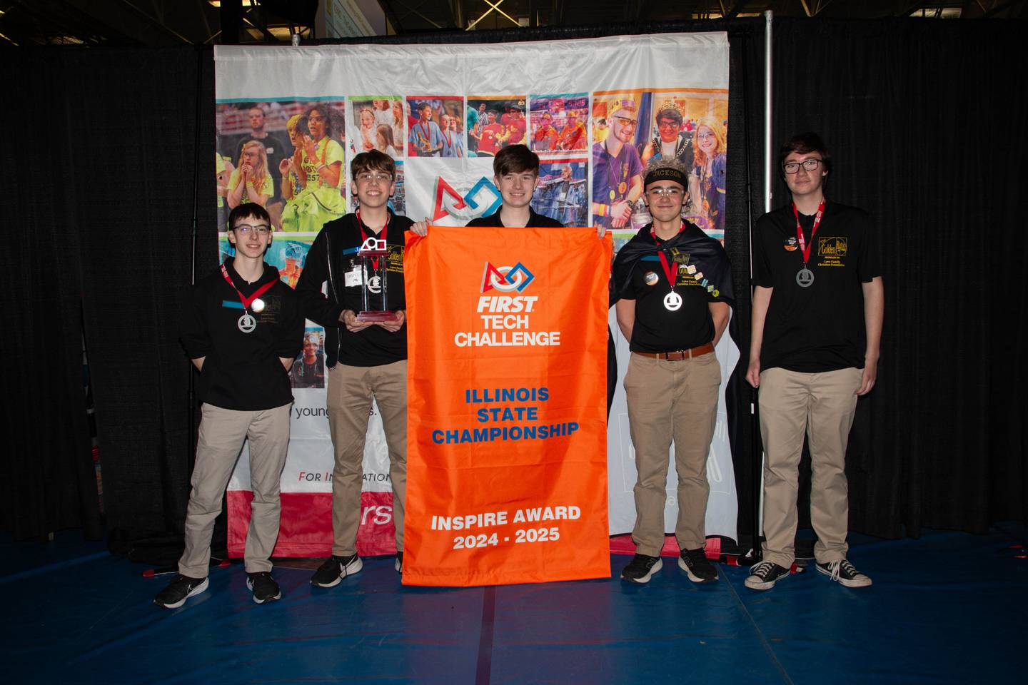 The Golden Ratio from left to right: Ryan Nolan, Josiah Ryan, Josh Weston, Jackson Woestman and Nehemiah Schultz at the FIRST Robotics state competition March 2025 at Elgin Community College.