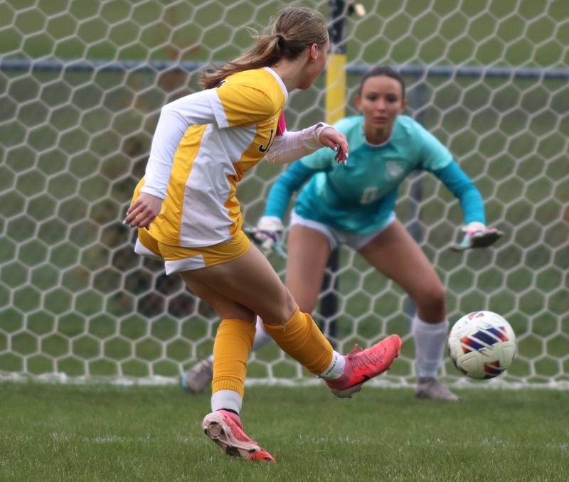 Jacobs’ Gabby Wojtarowicz scores a goal against Hampshire in varsity girls soccer on Thursday, April 17, 2025, at Jacobs High School in Algonquin.